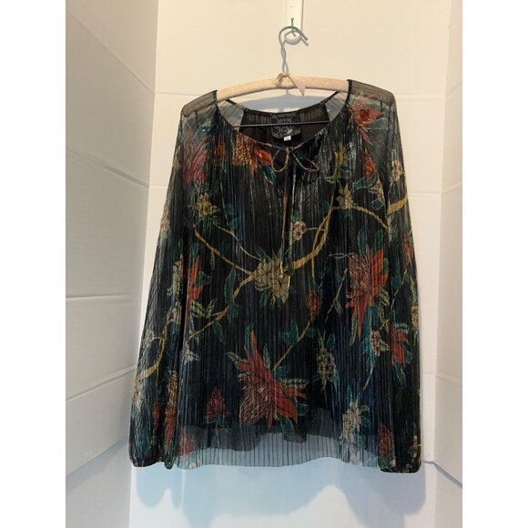 JOHNNY WAS  Boho Floral 100% SILK Pleated Blouse Top Black Multicolor Peasant Bo - Picture 1 of 13